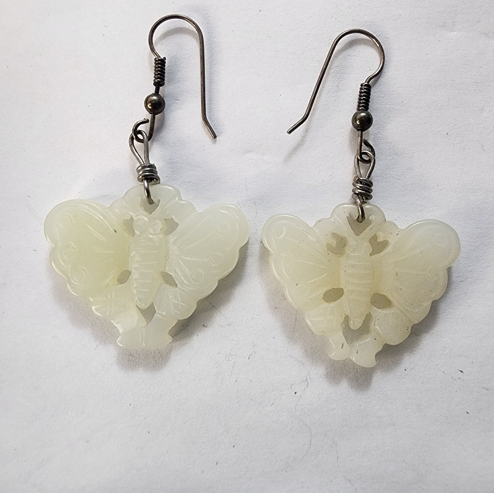 Genuine Pale Jade Carved Butterfly Earrings